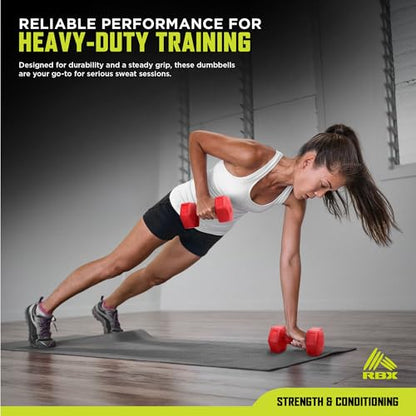 RBX Vinyl Coated Hand Weight Dumbbell Set - Hex Shaped, Roll Free for Body Building/Sculpting/Strength Training Exercise, (Set of 2) - color: Red, size: 5lb