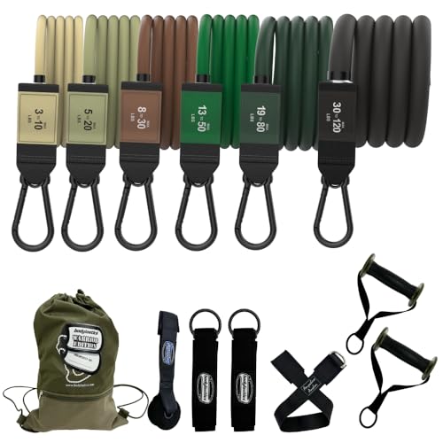 Bodylastics Patented Basic Series Resistance Band Set - Resistance Bands with Snap Reduction Tech, 2 Handles, 2 Ankle Straps, 1 Door Anchor & 1 Carry Bag - color: PRO 3-400 LBS Set Camo