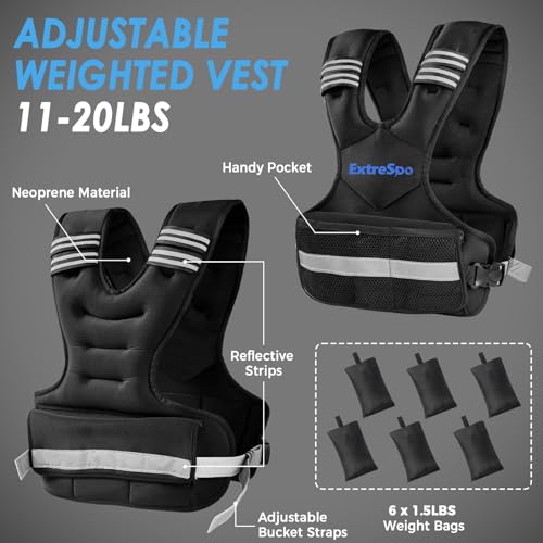 Adjustable Weighted Vest for Women and Men, 4-10lb/11-20lb/20-32lb Weight Vest with 6 Ironsand Weights, Body Weight Vest Exercise Set with Reflective Strip for Strength Training and Workout - size: 11-20lb