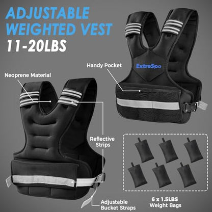 Adjustable Weighted Vest for Women and Men, 4-10lb/11-20lb/20-32lb Weight Vest with 6 Ironsand Weights, Body Weight Vest Exercise Set with Reflective Strip for Strength Training and Workout - size: 11-20lb