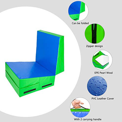 Matladin 48"x24"x14" Tumbling Mat - Folding Gymnastics Cheese Wedge Mat for Kids, Girls Home Training - color: Blue&Green