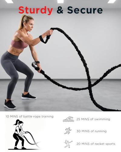 Efiment Elastic Battle Rope for Home Gym Workout - 30FT Resistance Training Exercise Rope with Protective Sleeve, Oversized Grips and Wrist Straps for Indoor Outdoor Fitness