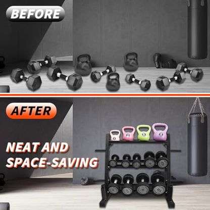 PENSUN Dumbbell Rack – 3 Tier Adjustable Weight Storage Stand with Side Barbell Plate Holder – Multi Purpose Home Gym Organizer for Dumbbells, Kettlebells, Barbell - color: Standard - 1200 LBS