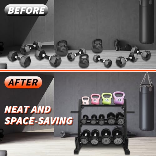 PENSUN Dumbbell Rack – 3 Tier Adjustable Weight Storage Stand with Side Barbell Plate Holder – Multi Purpose Home Gym Organizer for Dumbbells, Kettlebells, Barbell - color: Widened - 1500 LBS (Upgraded)