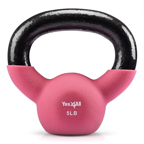 Yes4All Kettlebell - 5, 10 & 15 LB Neoprene Coated Cast Iron Kettlebells, Wide Grip Handle & Flat Bottom for Swings, Squats, Deadlifts, Push Ups & Full Body Training at Home Gym