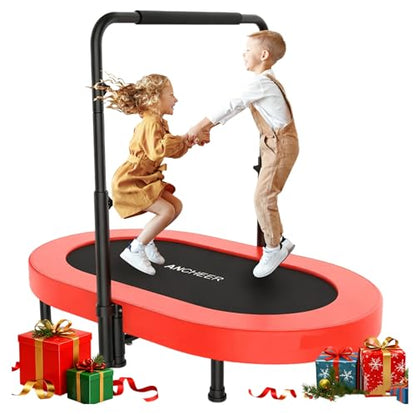 ANCHEER 56" Double Mini Trampoline for Kids, Mini Rebounder with 5-Level Adjustable Handle, Parent-Child Trampoline for Kids, Max Load 220lbs, Fun for Indoor/Outdoor