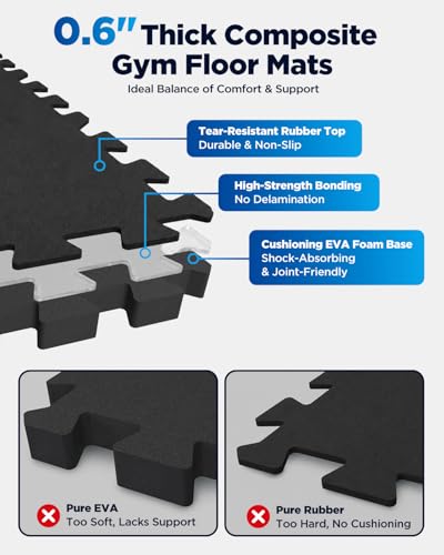 0.6'' Thicker 6 Tiles 24 Sq Ft Gym Flooring for Home Gym, Heavy Duty Interlocking Gym Mats, High Density EVA Foam Mats, Non-Slip Workout Mats, Exercise Mats for Home Workout, Black