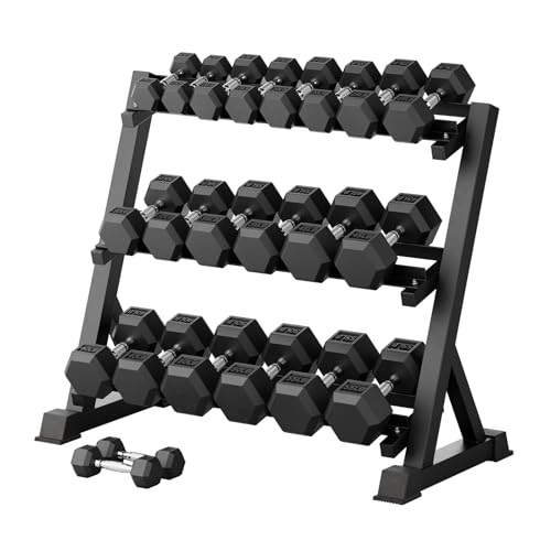 RitFit Rubber Coated Hex Dumbbell Set with Rack, 5-780LB for Home Gym Strength Training, Anti-Slip Knurled Handle, Hexagon Anti-Roll, Heavy-Duty Storage Rack - style: 660 LB Set（5-55LB)