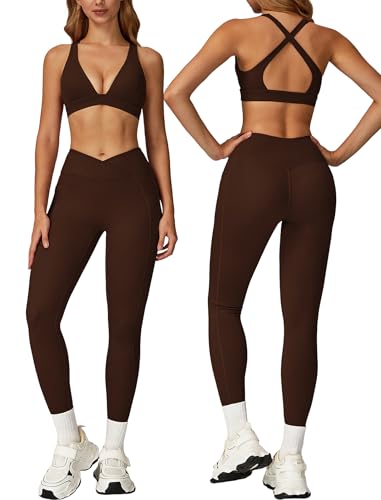 ABOCIW Womens Two Piece Workout Sets Deep V Neck Sports Bra Crossover Leggings with Pockets Gym Yoga Pilates Outfits