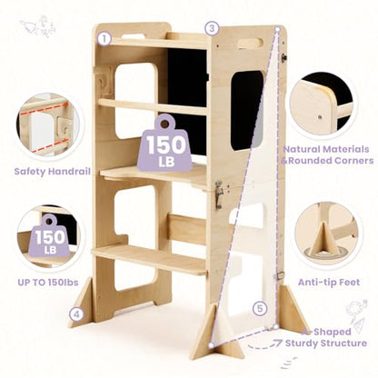 labebe Toddler Standing Tower for 12M+, Montessori Foldable Learning Standing Tower with Blackboard, Anti-tip Structure Design,Wooden Kitchen Step Helper Stool for 1-3 Year Old Boy Girl Gift