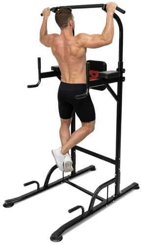 Power Tower Pull Up Station with Free Standing Pull Up Bar, Multi-Grip Workout Frame with 6 Adjustable Heights, H-Base Stability, Steel Construction, 330 lb Capacity for Home Gym, Black