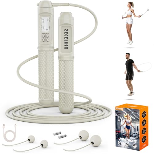 Smart Jump Rope with LED Display and Jump Counter, Weighted Cordless Design for Home Gym & HIIT, Adjustable Steel Wire for Fitness, Tracks Jumps, Calories & Time, for Men, Women & Kids - color: Light White