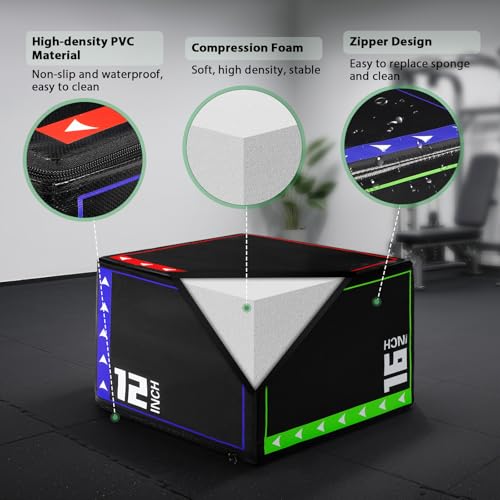 3-in-1 Plyometric Box Set (12/16/20/24/30") - High-Density EPE & Compressed Foam Jump Box for Home Gym, HIIT & CrossFit - Non-Slip Box Jumps, Step-Ups, Squats, Hip Thrusts - size: 12'' x 14'' x 16''（EPE Foam）