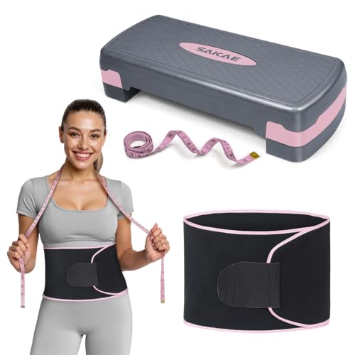 Adjustable Height Aerobic Stepper Set, Multiple Bundle Options with Dumbbells, Kettlebell, Waist Trimmer, Ankle Weights or Weighted Vest, Workout Exercise Step Platform w/Level Risers, 4 Colors - color: Pink Grey, size: b. W/ Waist Trimmer