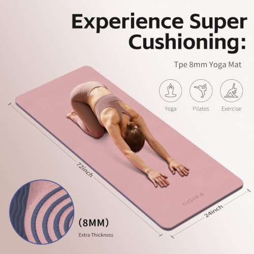 PAIDU Yoga Mat 8mm TPE Non‑Slip Fitness Mat with Strap for Home Workouts - color: Deep Pink&Grey