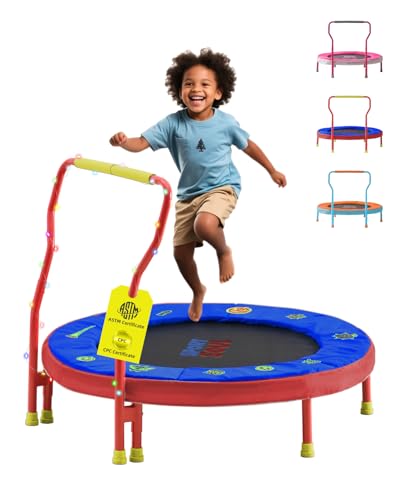 SPORTSOUL Mini Trampoline for Kids 3-6 with Super Safe Foam Handle Bar - color: Red & Blue