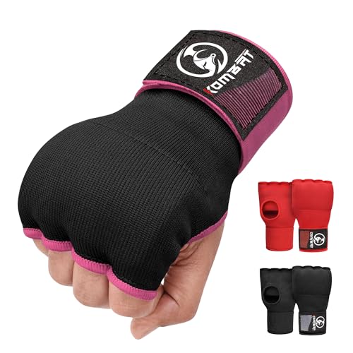 Kombat Gel Boxing Hand Wraps, Padded Inner Gloves for Men & Women, 75cm Quick Wrist Wraps, Knuckle & Wrist Protection for Muay Thai, MMA, Kickboxing, Martial Arts, Punching Training - color: Black/Pink, size: X-Large