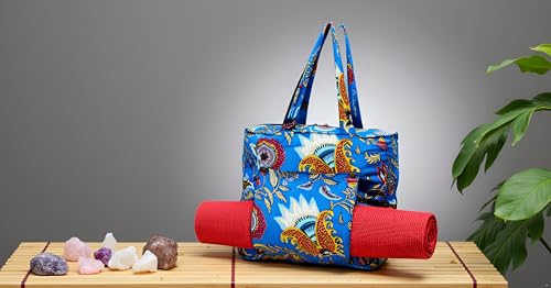 INDIAN CRAFT CASTLE Tote Bag with Yoga Mat Carrier Pocket Carryall Shoulder Bag for Office, Workout, Pilates, Travel, Beach and Gym - color: Blue