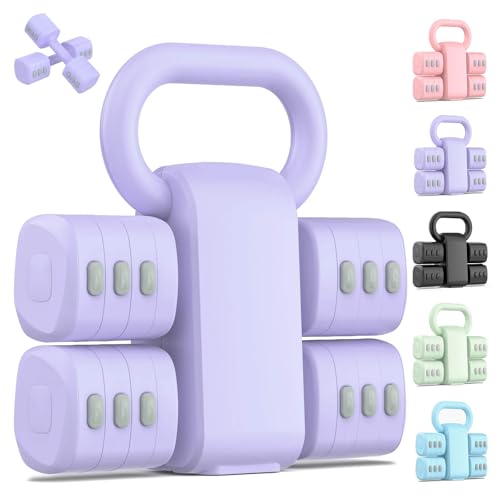 2-in-1 Adjustable Dumbbell Set, Upgraded 4 Levels Hand Weights for Women Men, Each 2.2/3.3/4.4/5.5lb, Convertible Weights Dumbbells and Kettlebell Set for Home Gym Exercise & Fitness - color: Purple