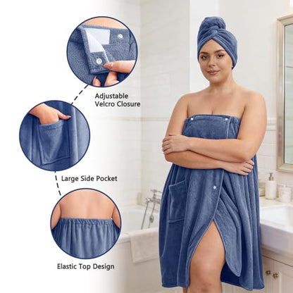 Women’s Plus Size Towel Wrap with Hair Towel (2XL-4XL), Oversized Shower Body Wrap Bathrobe, Soft Quick-Dry Hair Drying Towel for Spa Use Blue - color: Blue, size: 2XL-4XL