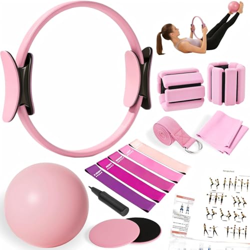 Pilates Equipment Kit for Home Workout,Pilates Ring and Ball Set,Pilates Essentials Accessories Kit for Women with Core Sliders,Adjustable Ankle Wrist Weight,Exercise Resistant Bands - color: pink