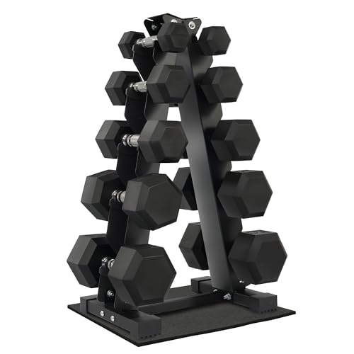 Fitvids Fitvids Rubber Coated Hex Dumbbell Weight Set and Storage Rack, 100LB Set or 150LB Set, 5-20 lbs Pairs or 5-25 lbs Pairs