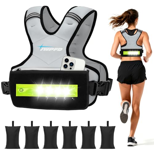 Adjustable Weighted Vest for Women Men, 6-15 Lbs/12-18 Lbs Rucking Vest with LED Light Strips, Weight Vest with 6 Ironsand Weights, and Zipper Pocket for Strength Training, Walking, Running