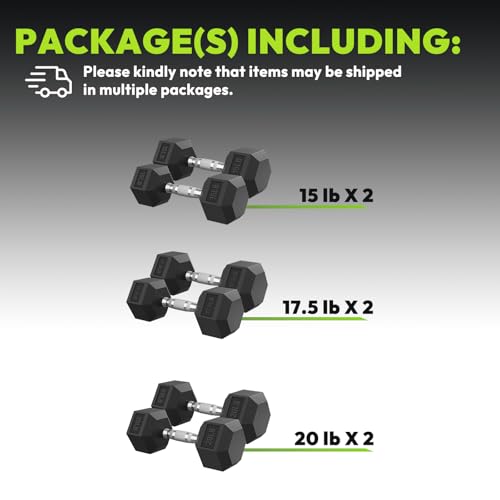HANDBODE Rubber Coated Hex Dumbbell Set, 90-640 lb - size: 105 lb Set (Pair of 15, 17.5, 20 lb)