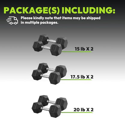 HANDBODE Rubber Coated Hex Dumbbell Set, 90-640 lb - size: 105 lb Set (Pair of 15, 17.5, 20 lb)