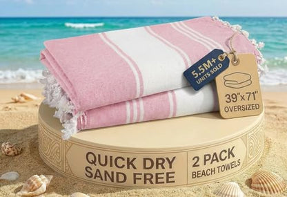 LANE LINEN Turkish Beach Towels, Soft Absorbent, Travel Towel - Candy Pink - color: 11: Candy Pink, size: Pack of 2