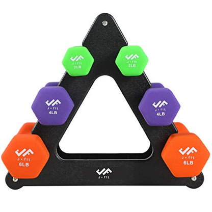 JFIT Dumbbell Pairs or Sets – Neoprene & Vinyl Coated Hand Weights for Home Gym, Strength Training, Aerobics, Cardio Exercise and Fitness - size: 24 lbs (Set), style: Dumbbell Set with Rack