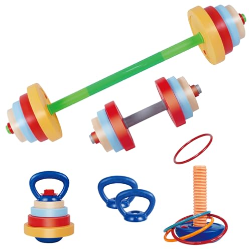 OCES 5-in-1 Kids Weight Set — Adjustable Fillable Toddler Weights Gym Set (Barbell, Dumbbells, Kettlebell, Ring Toss, Push-up) Kids Workout Equipment Beginner Home Gym Play Exercise Fitness Toy
