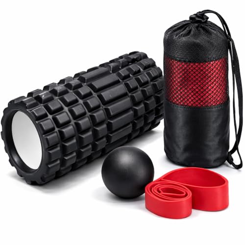 3-IN-1FOAM Roller Set for Muscle Massage, DEEP Tissue Roller, Massage Ball, Resistance Band, & Carry Bag.