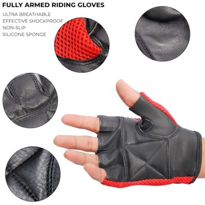 Leather MESH Fingerless Weight Lifting Exercise Gym Wheelchair Gloves Black/RED WLG-021