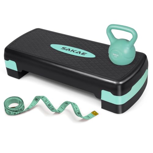 Adjustable Height Aerobic Stepper Set, Multiple Bundle Options with Dumbbells, Kettlebell, Waist Trimmer, Ankle Weights or Weighted Vest, Workout Exercise Step Platform w/Level Risers, 4 Colors - color: Green Black, size: d. W/ Kettlebell