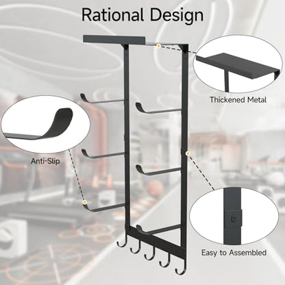 Yoga Mat Holder Wall Mount, Black Yoga Mats Storage Rack, Home Gym Storage with Metal Floating Shelf for Storing Fitness, Yoga Mat Rack with 5 Hooks for Hanging Foam Rollers and Resistance Bands