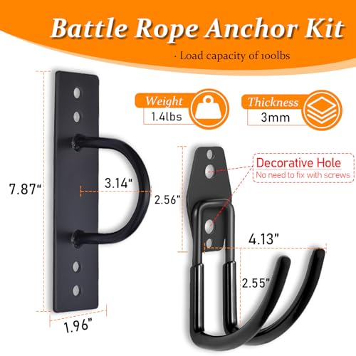Battle Rope Anchor Kit Wall Mount, Set With Workout Wall Anchor And Rope Hook For 30-50 Feet, 1-2.5" Battle Ropes For Home Gym, Battle Rope Wall Mount Holder, Heavy Duty Gym Storage Rack - size: Small