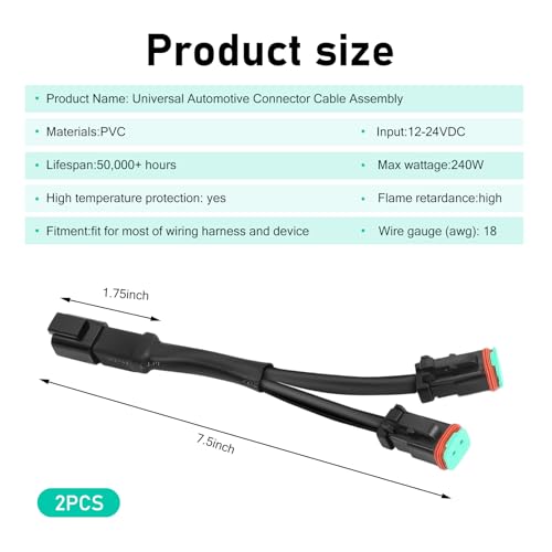 WZP 2PCS 2Pin Deutsch DT DTP Wiring Harness Adapters Connectors Splitters, Waterproof Y-Shape Dual Harness Splitters, Universal for LED Cubes Work Light LED Light Bar Pod Fog Driving Lights