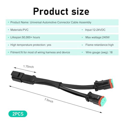 WZP 2PCS 2Pin Deutsch DT DTP Wiring Harness Adapters Connectors Splitters, Waterproof Y-Shape Dual Harness Splitters, Universal for LED Cubes Work Light LED Light Bar Pod Fog Driving Lights