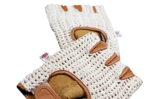 Retro Leather Crochet Cycling Gloves - Classic Tan