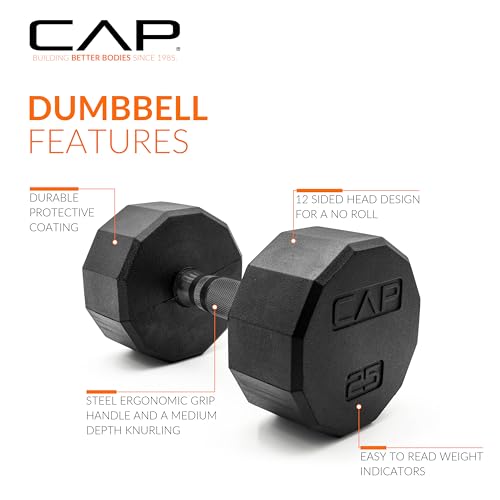 CAP Rubber Coated Dumbbell Weights, Free Weights for Home Gym Strength Training, Anti-Roll Hex Dumbbells with Black, Chrome & Comfort Grip Handles, Pairs & Sets - size: 25 lb - Pair, style: 12-Sided - Black Handle