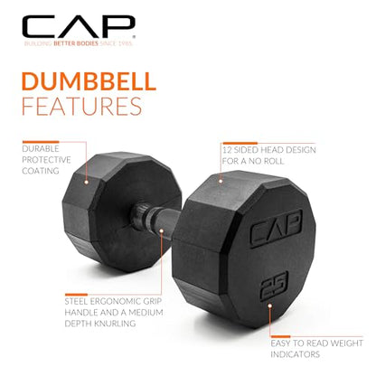CAP Rubber Coated Dumbbell Weights, Free Weights for Home Gym Strength Training, Anti-Roll Hex Dumbbells with Black, Chrome & Comfort Grip Handles, Pairs & Sets - size: 25 lb - Pair, style: 12-Sided - Black Handle