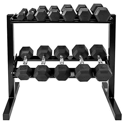 WF Athletic Supply Rubber Coated Hex Dumbbell Set with Two Tier Premium Storage Rack Built for Strength Building, Weight Loss & Home Gym – Multiple Sets Available - color: 5 - 30LB Set