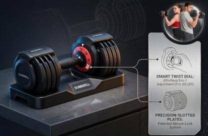 Single Adjustable Dumbbell – Premium Quick-Change Weight Set with Base, Space-Saving Smart Dial System for Home Gym, Full Body Strength Training for Men & Women