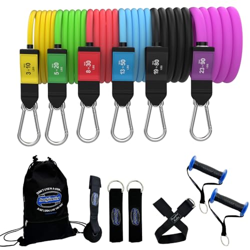 Bodylastics Patented Basic Series Resistance Band Set - Resistance Bands with Snap Reduction Tech, 2 Handles, 2 Ankle Straps, 1 Door Anchor & 1 Carry Bag - color: PRO Max 280 lbs Set Assorted