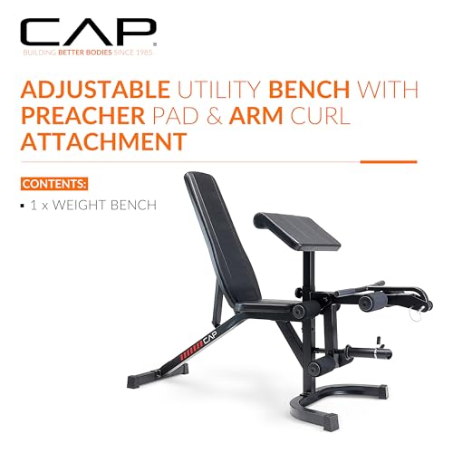CAP Adjustable Utility Weight Bench with Preacher Pad, Arm Curl Attachment, and Leg Developer for Full Body Strength Training