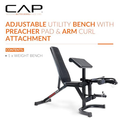 CAP Adjustable Utility Weight Bench with Preacher Pad, Arm Curl Attachment, and Leg Developer for Full Body Strength Training