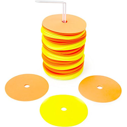 Crown Sporting Goods 6" Non-Skid Floor Spot Markers: Set of 50 Agility Training Flat Field Cones in Fluorescent Yellow & Orange with Metal Carrying Stand