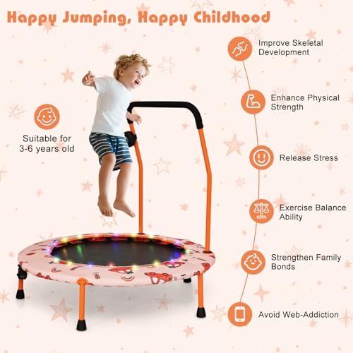 Goplus 36" Mini Trampoline for Kids, Toddler Trampoline with LED Lights, Bluetooth Speaker, Removable Handle, Safe Padded Cover, Indoor Outdoor Small Rebounder for Child Boys Girls
