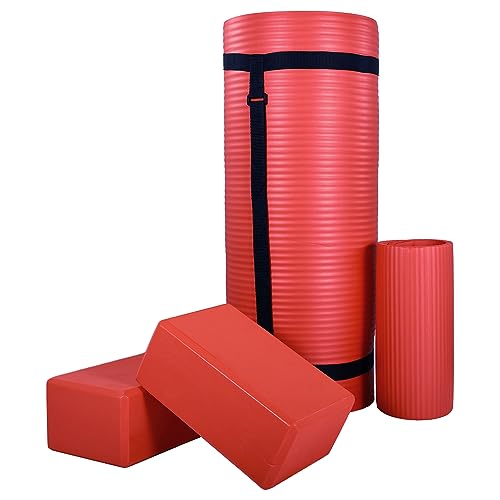 BalanceFrom 71x24 Inches Yoga Mat with Knee Pad and Optional Blocks – Extra 1-Inch Thick Non-Slip Foam with Anti-Tear Surface and Carrying Strap for Home, Studio, or Gym Workouts